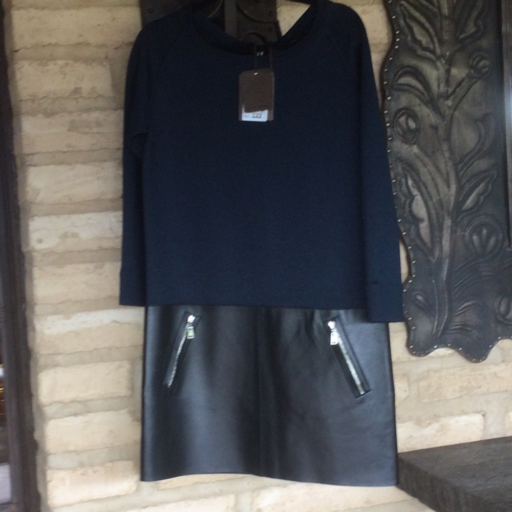 Louis Vuitton navy cashmere & black leather dress with bracelet length sleeves.